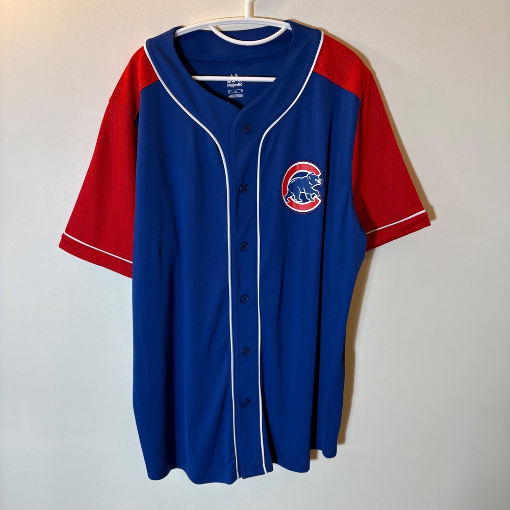 Majestic Chicago Cubs Baseball Jersey Mens XL Blue Red Button Up‎ MLB